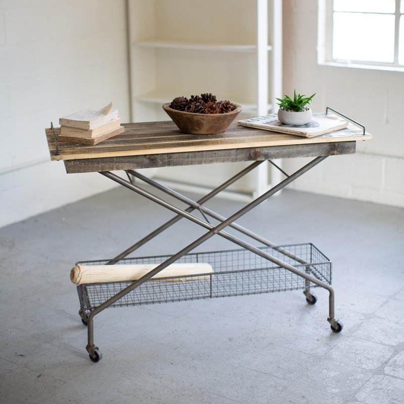 Kalalou Recycled Wood Console Table With Metal Base, Basket And Casters