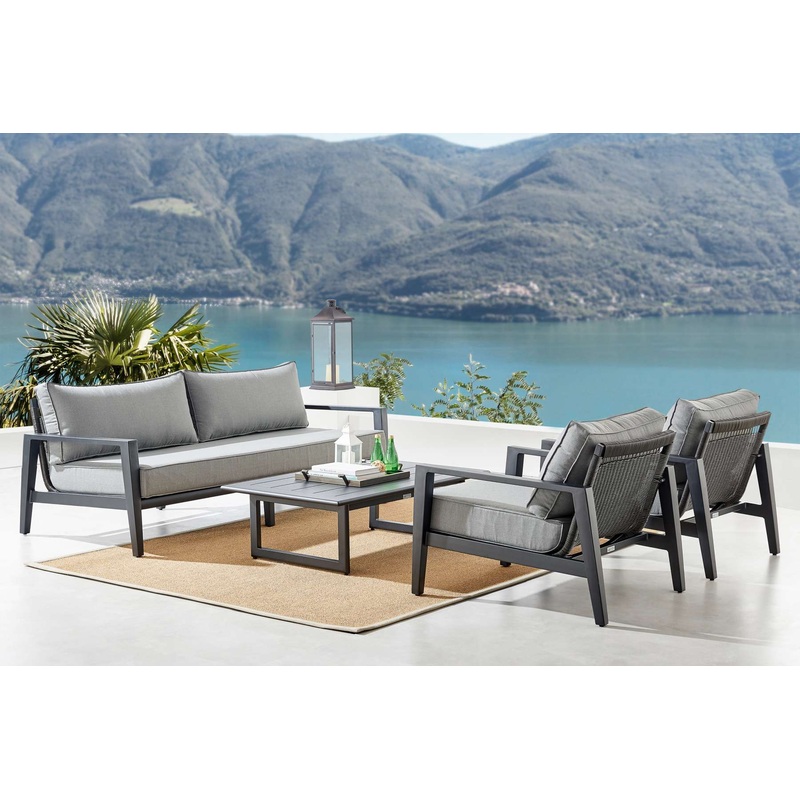 4 Piece Black Aluminum Outdoor Seating Set with Dark Gray Cushions - Cayman Collection By Armen Living