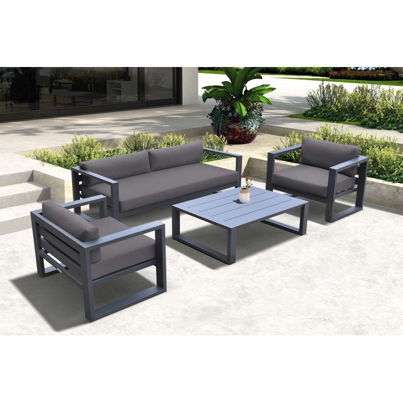 Aelani Outdoor 4 piece Set in Dark Grey Finish and Charcoal Cushions By Armen Living