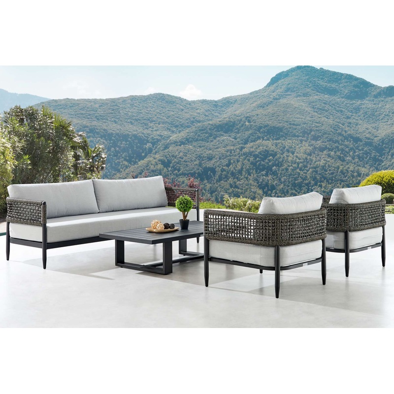 Alegria 4 Piece Outdoor Black Aluminum & Rope Conversation Set with Light Gray Fabric Cushions By Armen Living