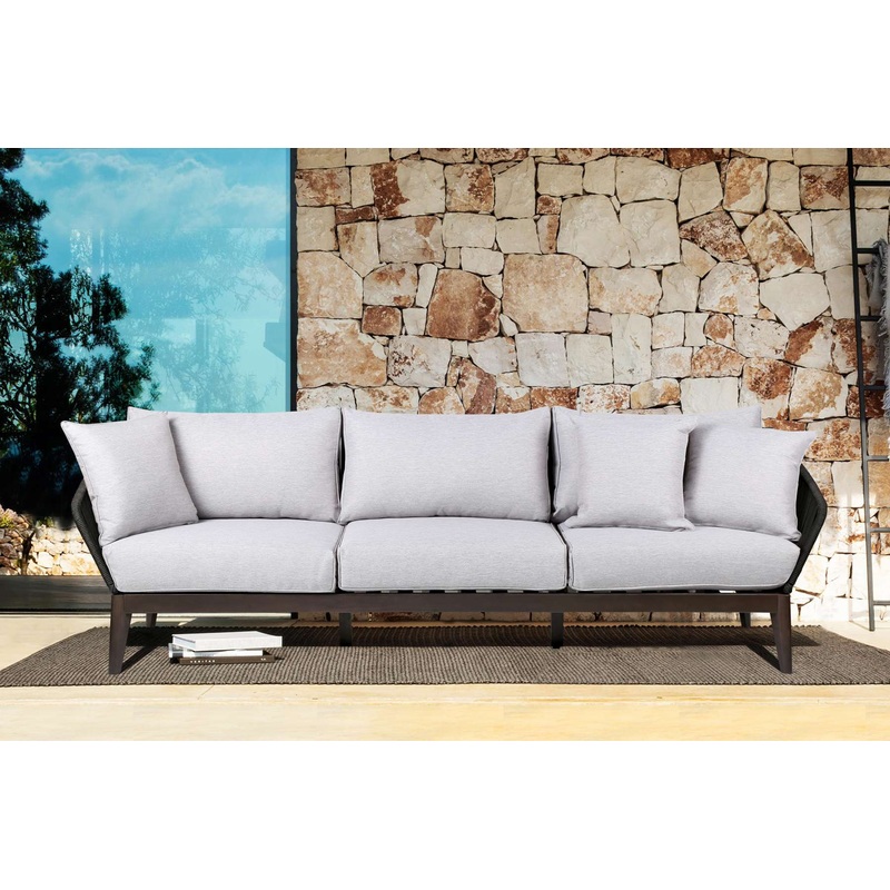 Athos Indoor Outdoor 3 Seater Sofa in Dark Eucalyptus Wood with Latte Rope and Grey Cushions By Armen Living