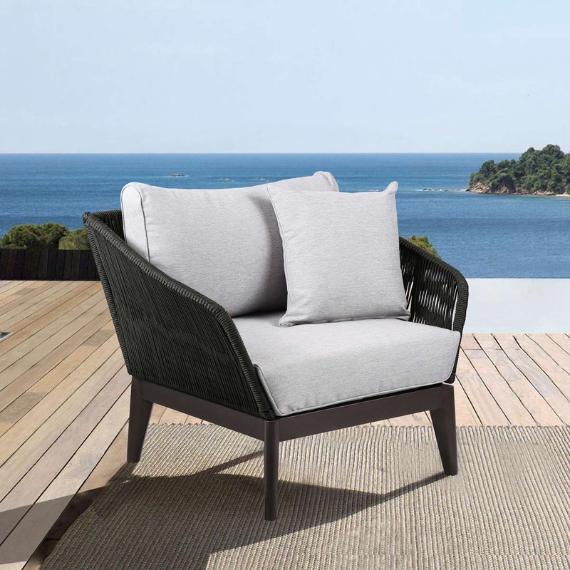Athos Indoor Outdoor Club Chair in Dark Eucalyptus Wood with Latte Rope and Grey Cushions By Armen Living