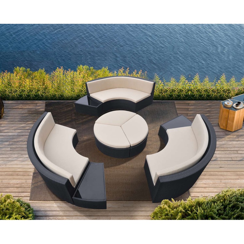 Barbados 9 piece Wicker Outdoor Patio Set in Black Powder Coated Finish with Water Resistant Beige Fabric Cushions By Armen Living