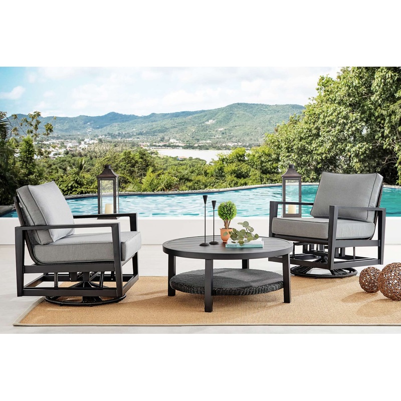Cayman 3 Piece Black Aluminum Outdoor Seating Set with Dark Gray Cushions By Armen Living