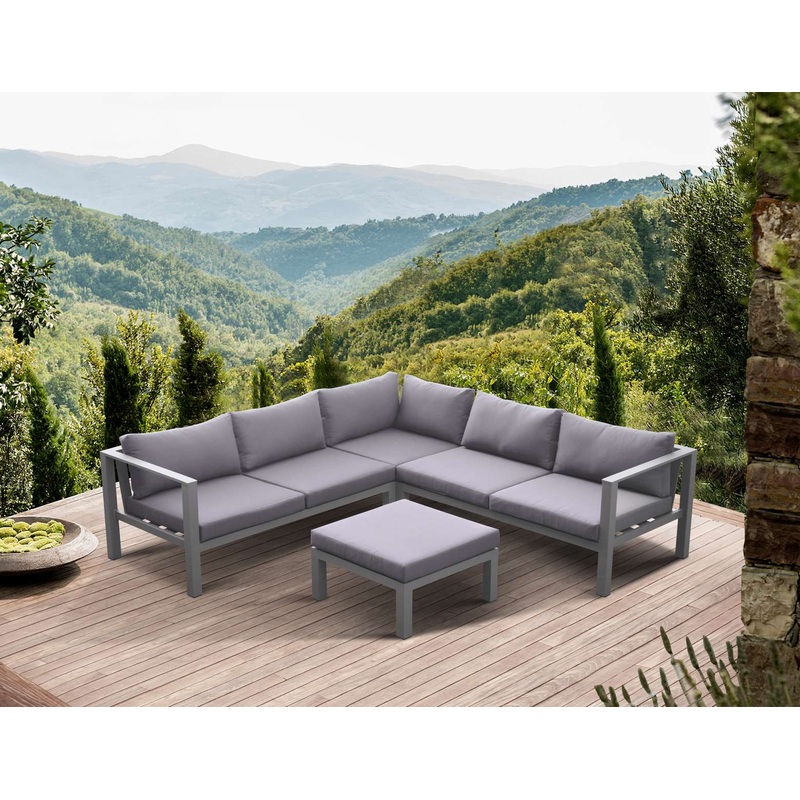 Cliff Outdoor Patio Aluminum Sectional in Grey Powder Coated Finish with Grey Fabric Cushions By Armen Living