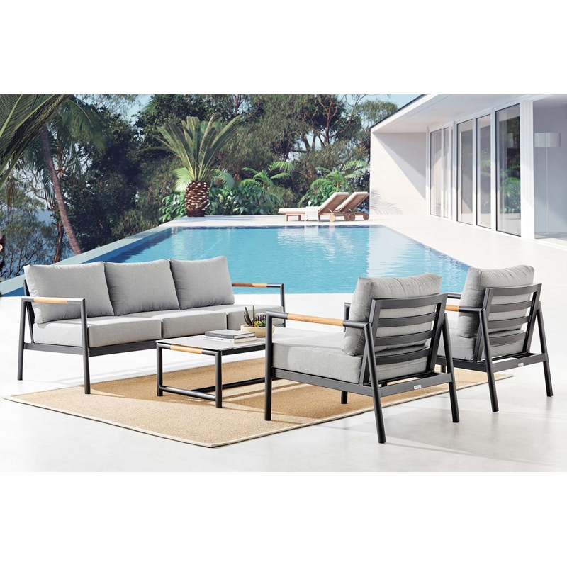 Crown 4 Piece Black Aluminum and Teak Outdoor Seating Set with Dark Gray Cushions By Armen Living