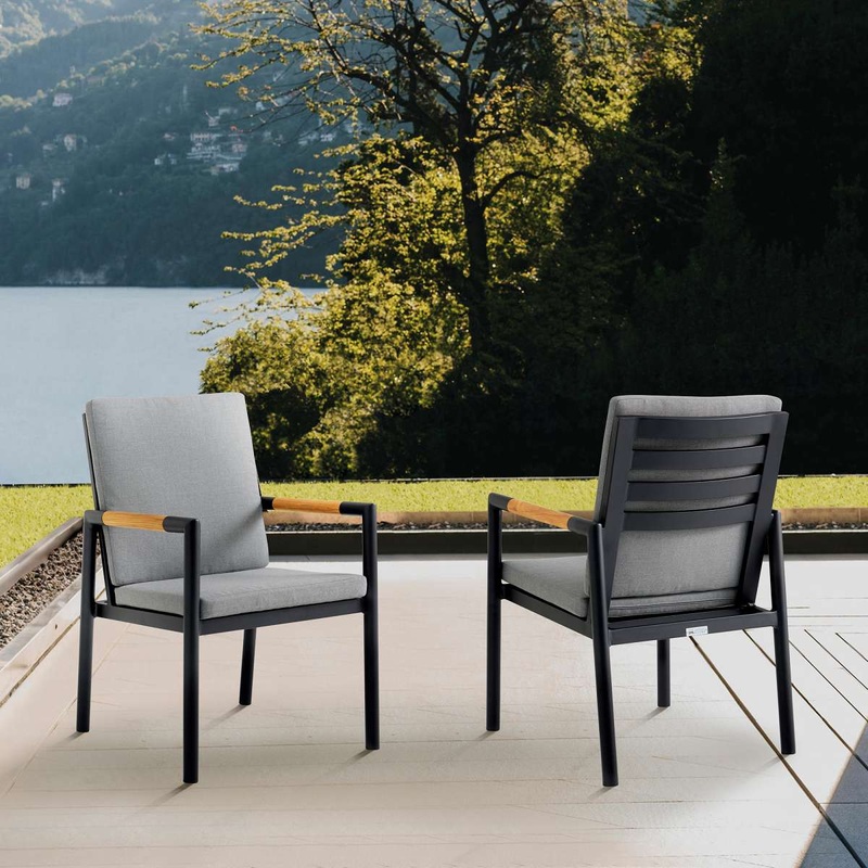 Crown Black Aluminum and Teak Outdoor Dining Chair with Dark Gray Fabric - Set of 2 By Armen Living