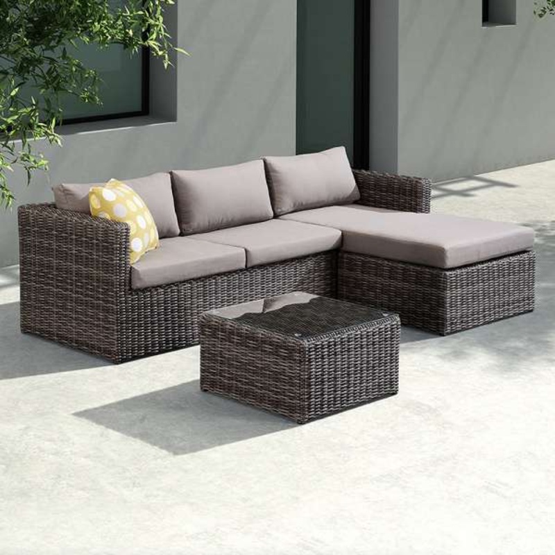 Hagen 3 piece Outdoor Rattan Sectional Chase Set with Brown Cushions and Modern Accent Pillows By Armen Living