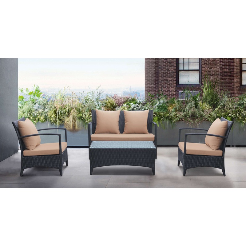 Havana 4 piece Outdoor Wicker Patio Set with Brown Fabric Cushions and Tempered Glass Top By Armen Living