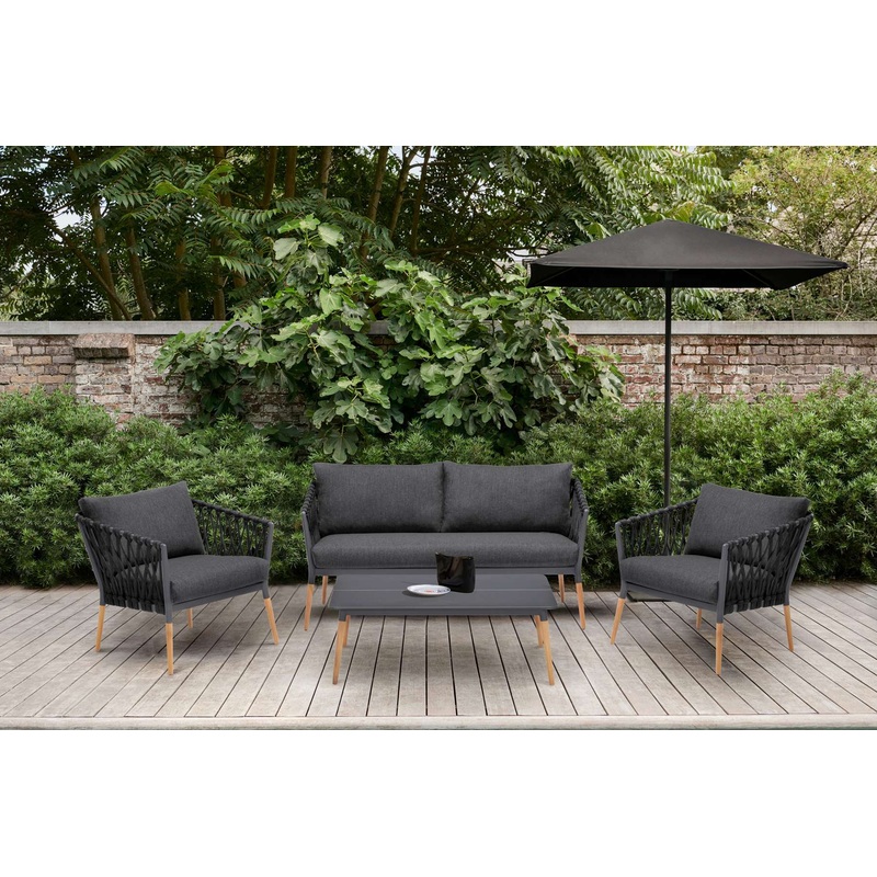 Ipanema Outdoor 4 Piece Rope and Teak Sofa Seating Set with Dark Grey Olefin By Armen Living