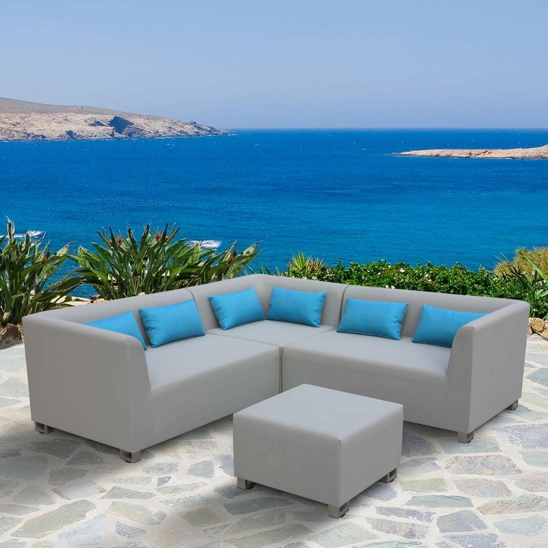 Lagoon 4 piece Outdoor Textilene Sectional Set in Taupe with Sky Blue Accent Pillows By Armen Living