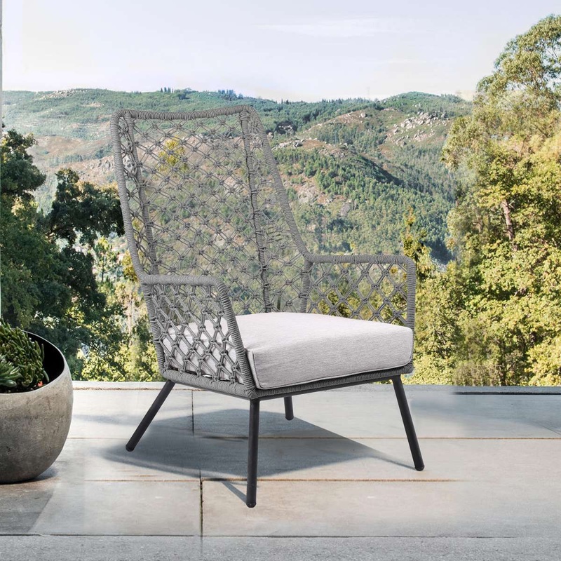 Marco Indoor Outdoor Steel Lounge Chair with Grey Rope and Grey Cushion By Armen Living