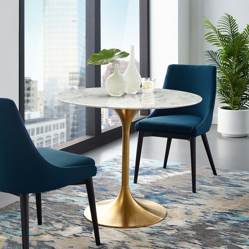 Modway Lippa 36" Round Artificial Marble Dining Table in Gold White - EEI-3214