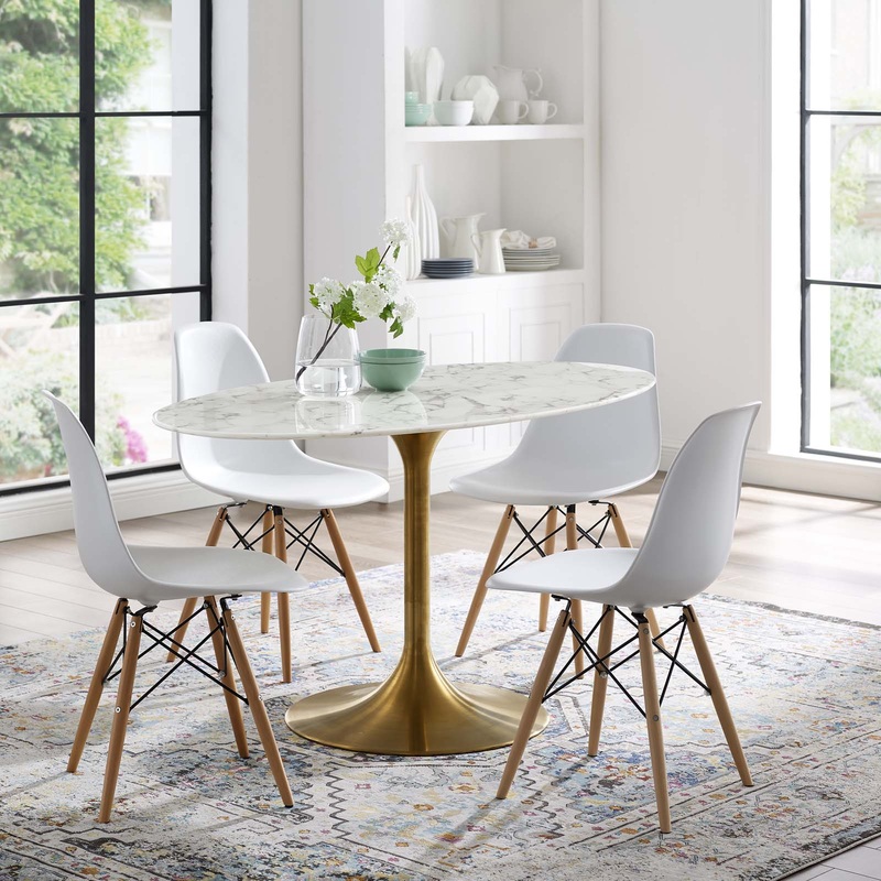 Modway Lippa 54" Oval Artificial Marble Dining Table in Gold White - EEI-3235