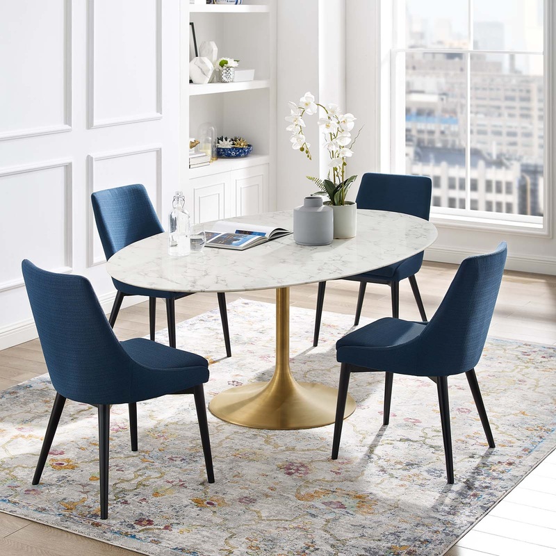 Modway Lippa 78" Oval Artificial Marble Dining Table in Gold White - EEI-3257
