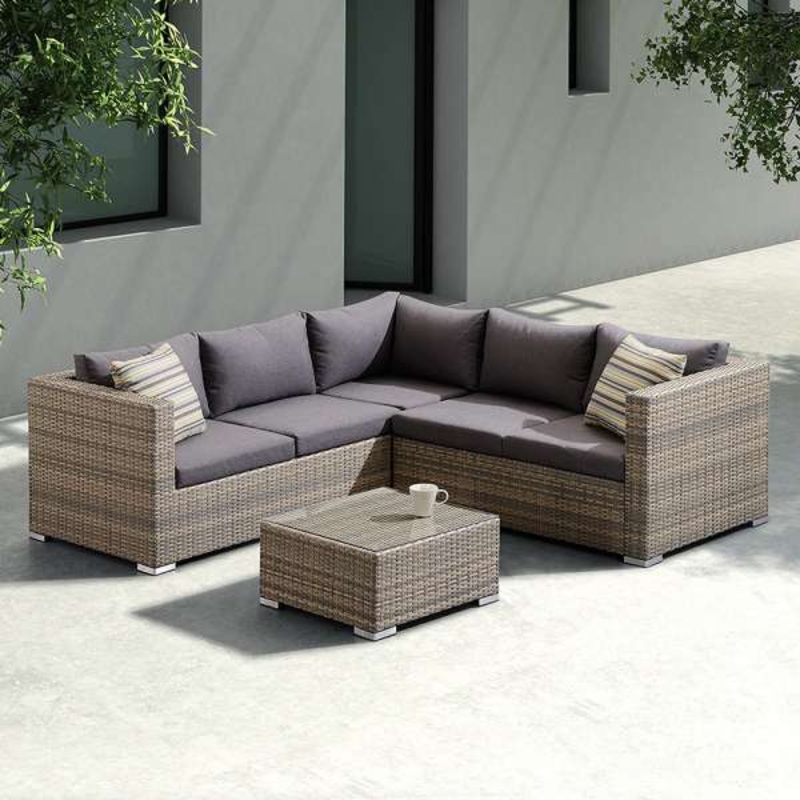 Nina 3 piece Outdoor Rattan Sectional Set with Dark Brown Cushions and Modern Accent Pillows By Armen Living