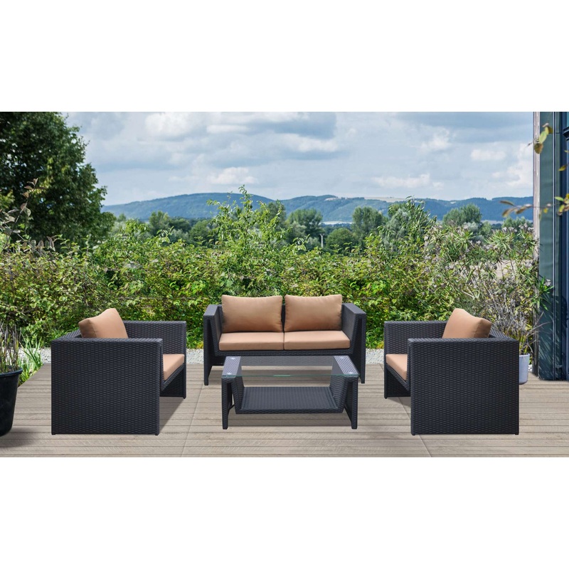 Oahu 4 piece Outdoor Wicker Patio Set with Brown Fabric Cushions and Temperated Glass Top By Armen Living
