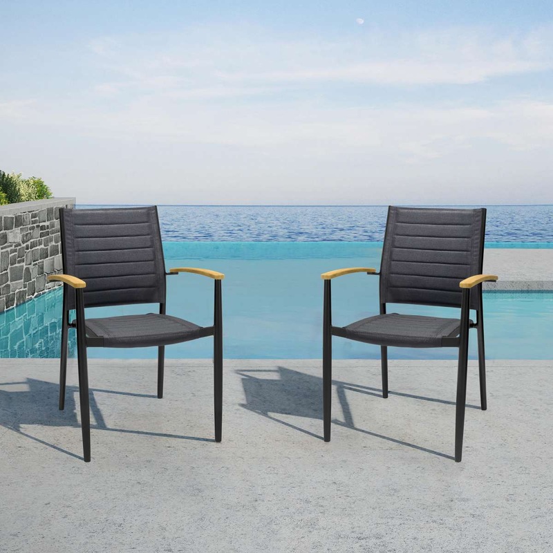 Portals Outdoor Patio Aluminum Chair in Black with Natural Teak Wood Accent-Set of 2 By Armen Living
