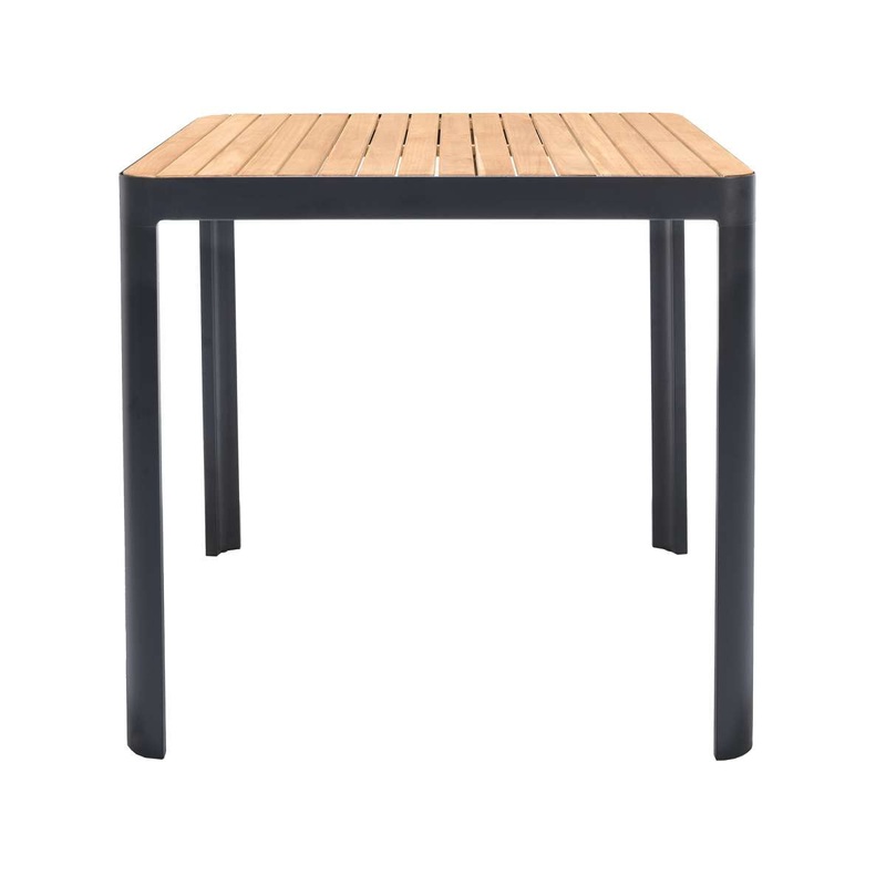 Portals Outdoor Square Bar Table in Natural Teak Wood Top and Black Frame By Armen Living