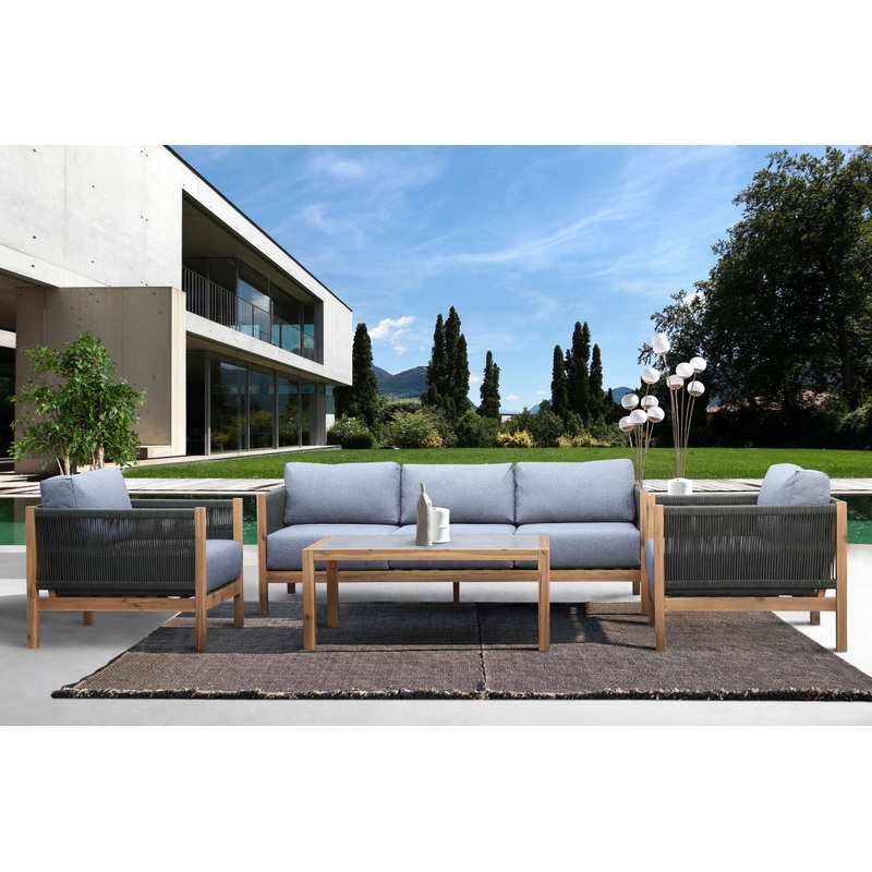 Sienna Outdoor Eucalyptus Lounge Chair in Teak Finish with Grey Cushions By Armen Living