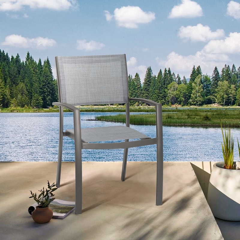 Solana Outdoor Aluminum Arm Dining Chairs in Cosmos Grey Finish - Set of 2 By Armen Living