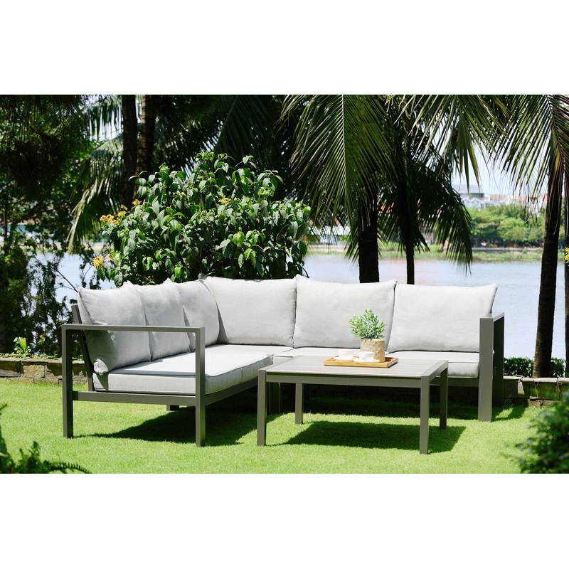 Solana Outdoor Sectional Set in Cosmos Finish with Grey Cushions and Coffee Table By Armen Living