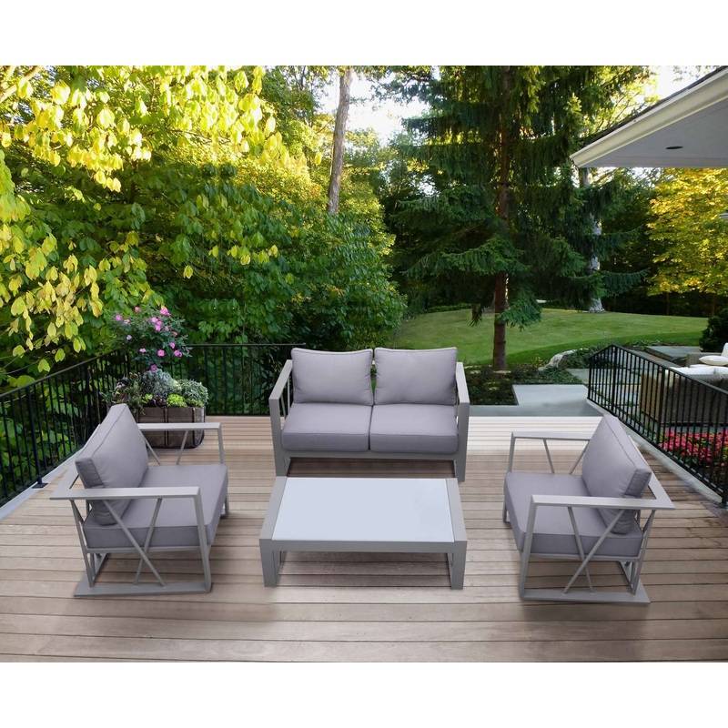 St Barts 4 piece Outdoor Patio Aluminum Set with Grey Fabric Cushions and White Glass Top By Armen Living