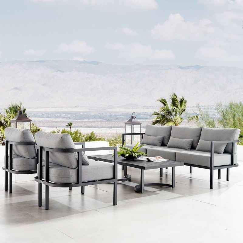 Valentina 4 Piece Dark Gray Aluminum Outdoor Seating Set with Dark Gray Cushions By Armen Living