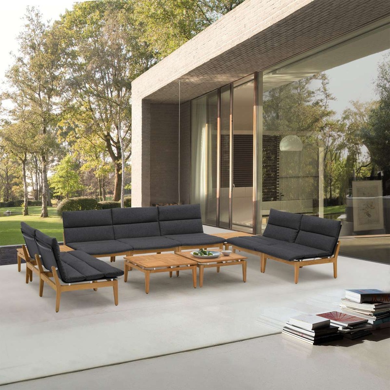 Arno Outdoor 11 Piece Teak Wood Seating Set in Charcoal Olefin By Armen Living