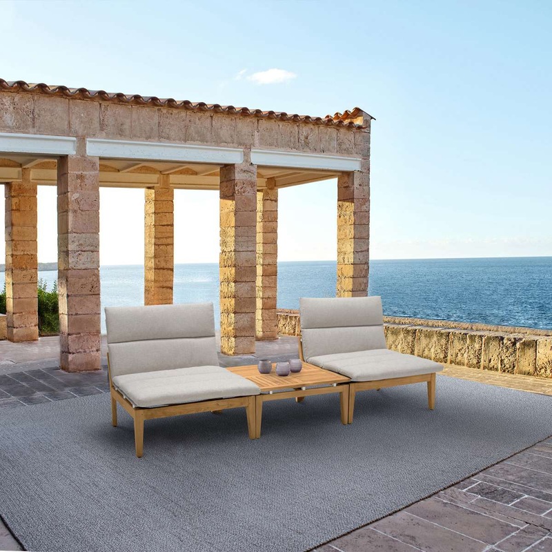 Arno Outdoor 3 Piece Teak Wood Seating Set in Beige Olefin By Armen Living