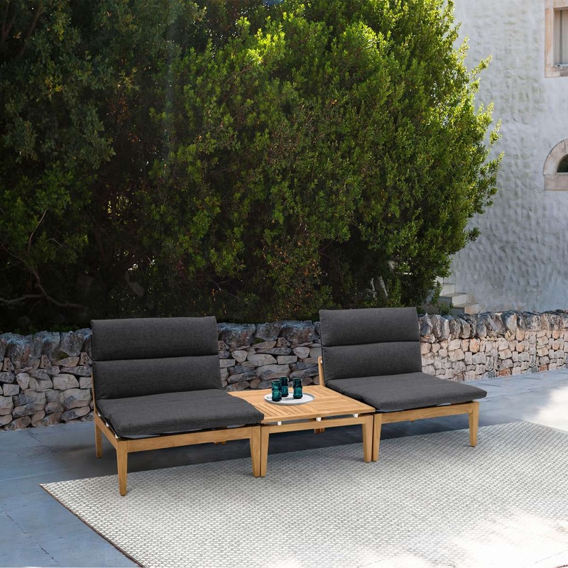 Arno Outdoor 3 Piece Teak Wood Seating Set in Charcoal Olefin By Armen Living