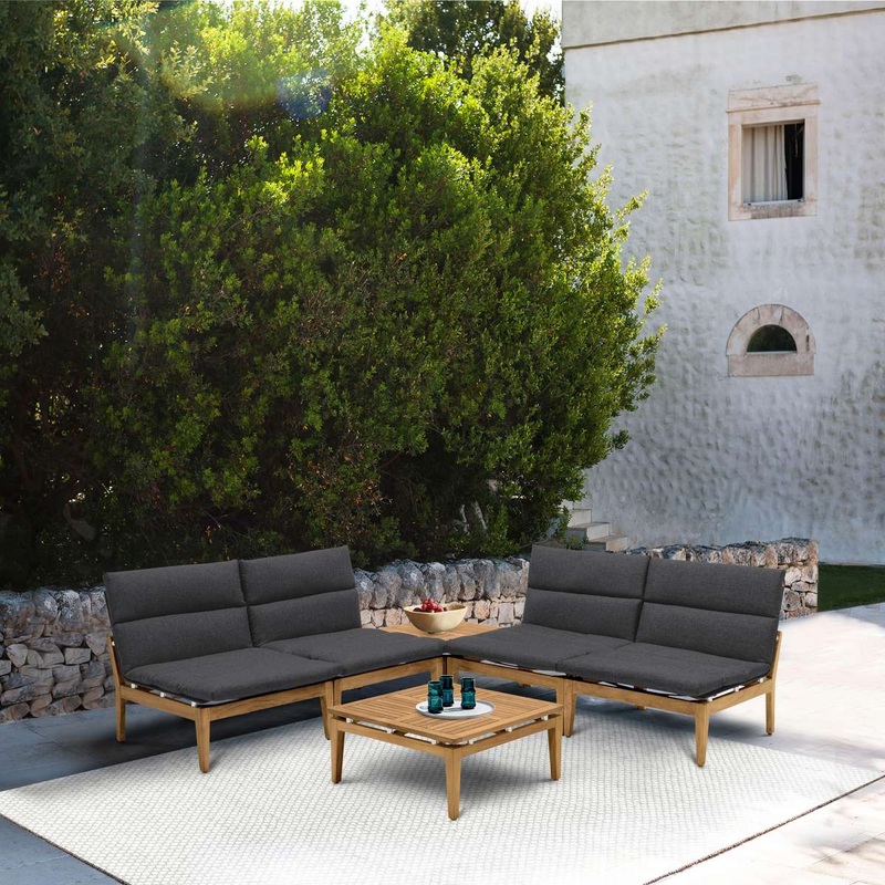 Arno Outdoor 6 Piece Teak Wood Seating Set in Charcoal Olefin By Armen Living