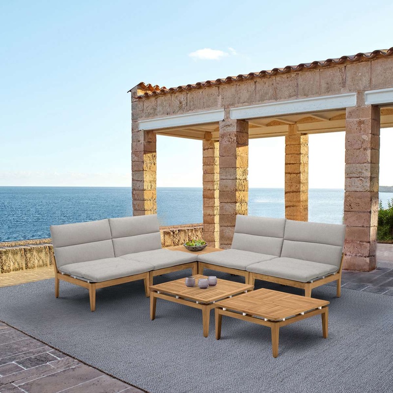 Arno Outdoor 7 Piece Teak Wood Seating Set in Beige Olefin By Armen Living