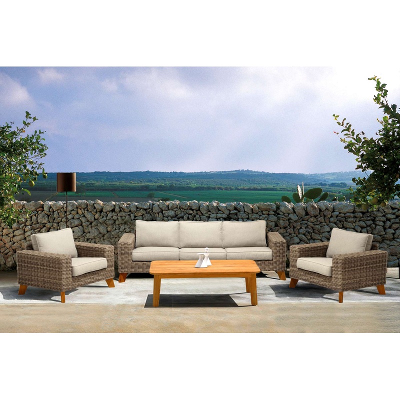 Bahamas Outdoor 4 Piece Wicker & Teak Sofa Seating Set with Beige Olefin By Armen Living