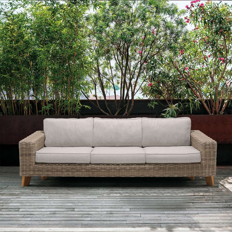 Bahamas Outdoor Wicker & Teak Wood Sofa with Beige Olefin By Armen Living