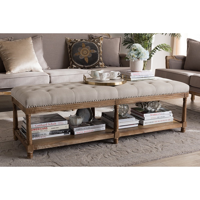 Baxton Studio Celeste French Country Weathered Oak Beige Linen Upholstered Ottoman Bench