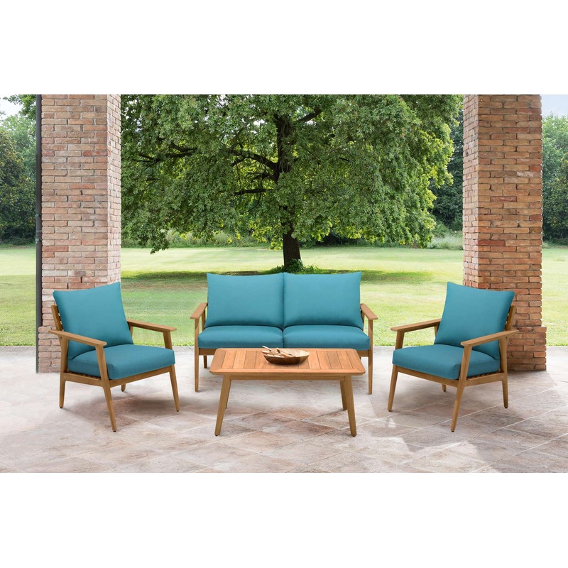 Eve Outdoor 4 Piece Teak Wood Sofa Seating Set with Teal Olefin By Armen Living