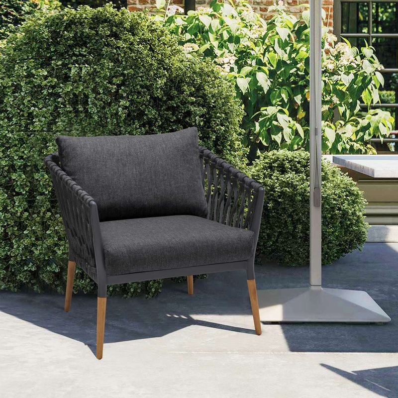 Ipanema Outdoor Teak Wood and Rope Lounge Chair with Dark Grey Olefin By Armen Living