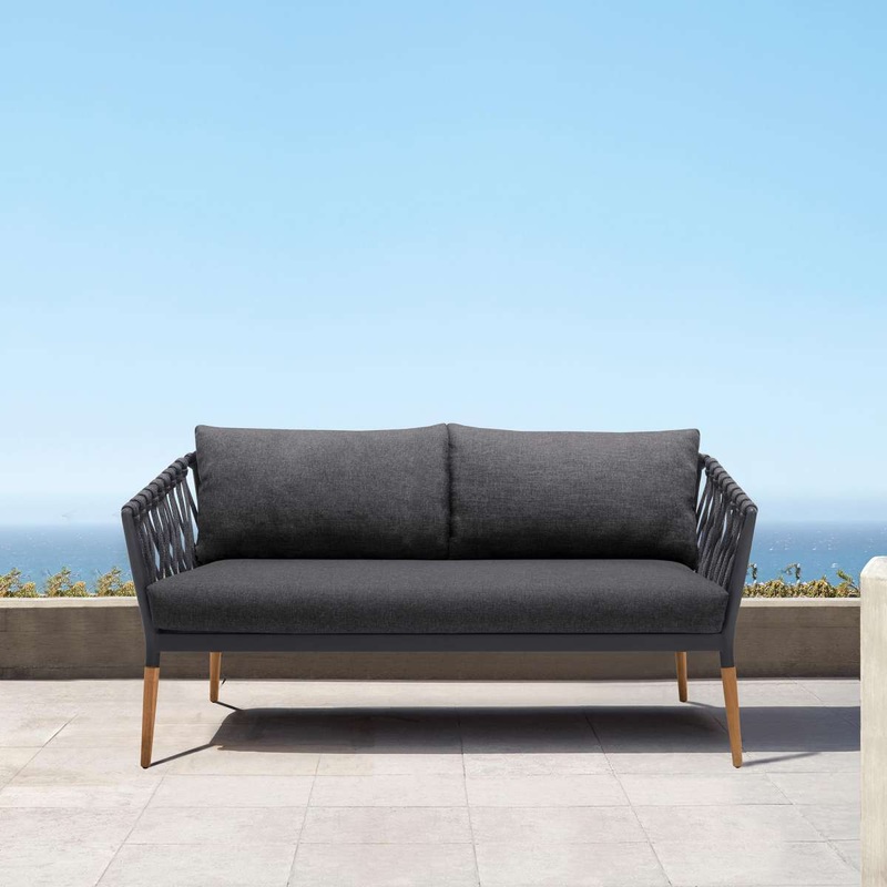 Ipanema Outdoor Teak Wood and Rope Sofa with Dark Grey Olefin By Armen Living