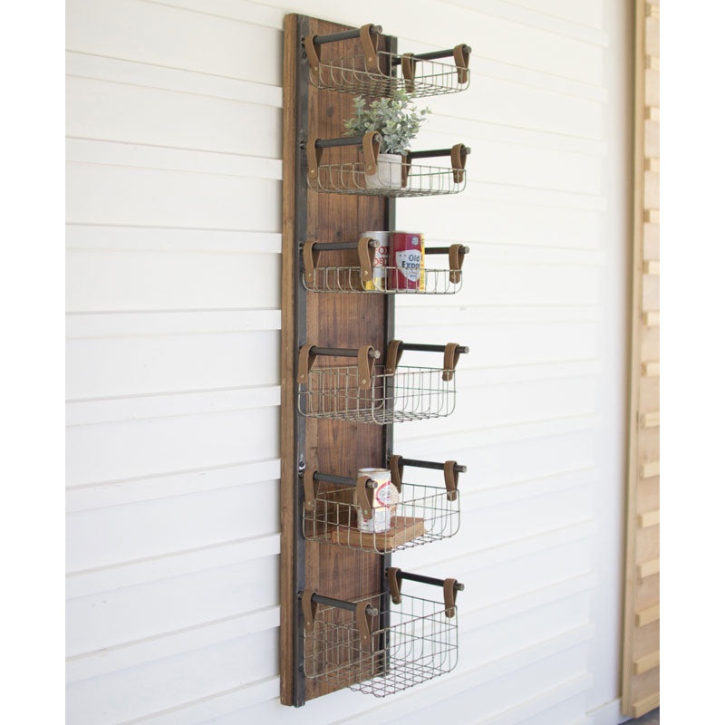 Kalalou Recycled Wood & Metal Wall Rack With Six Wire Storage Baskets