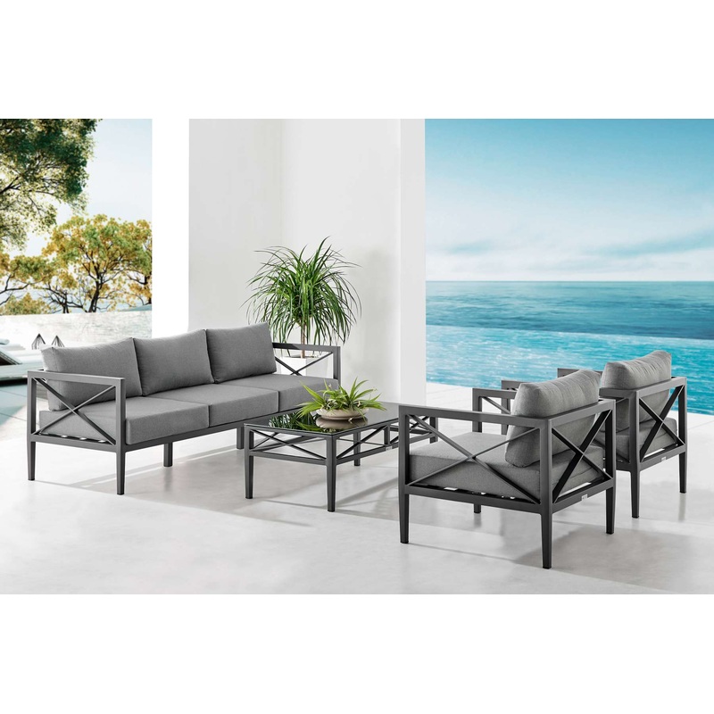 Sonoma Outdoor 4 piece Set in Dark Grey Finish and Dark Grey Cushions By Armen Living