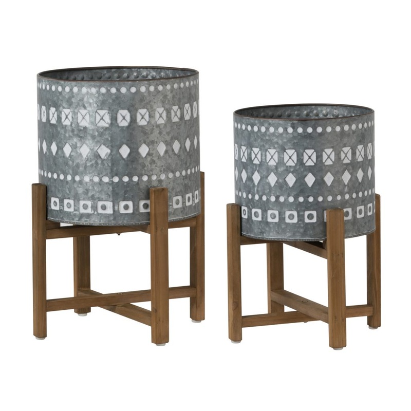 A&B Home Large Classic Planters with Wooden Stand Set of 2
