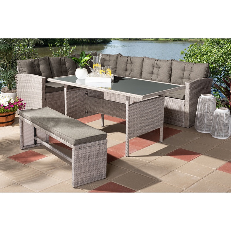 Baxton Studio Eneas Modern and Contemporary Dark Grey Fabric Upholstered and Grey Rattan 3-Piece Outdoor Patio Lounge Corner Sofa Set