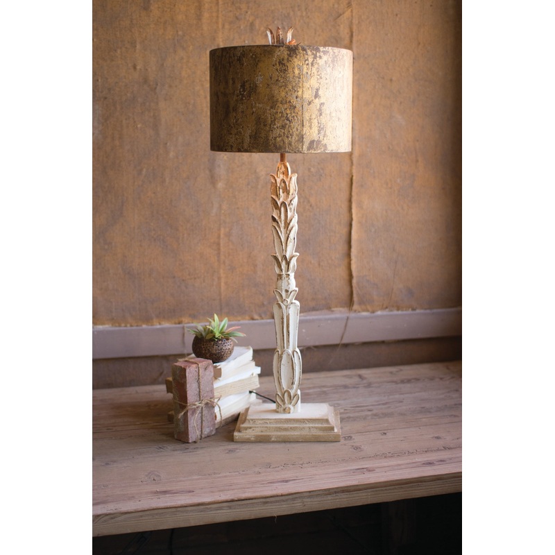 Kalalou Table Lamp - Carved Wooden Base With Rustic Metal Shade