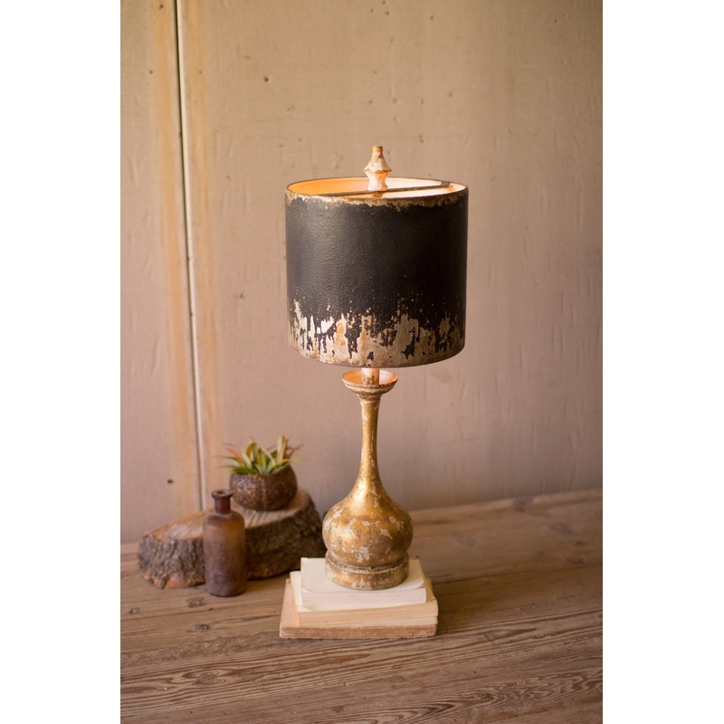 Kalalou Table Lamp - Round Wooden Base W Black & Gold Metal Shade