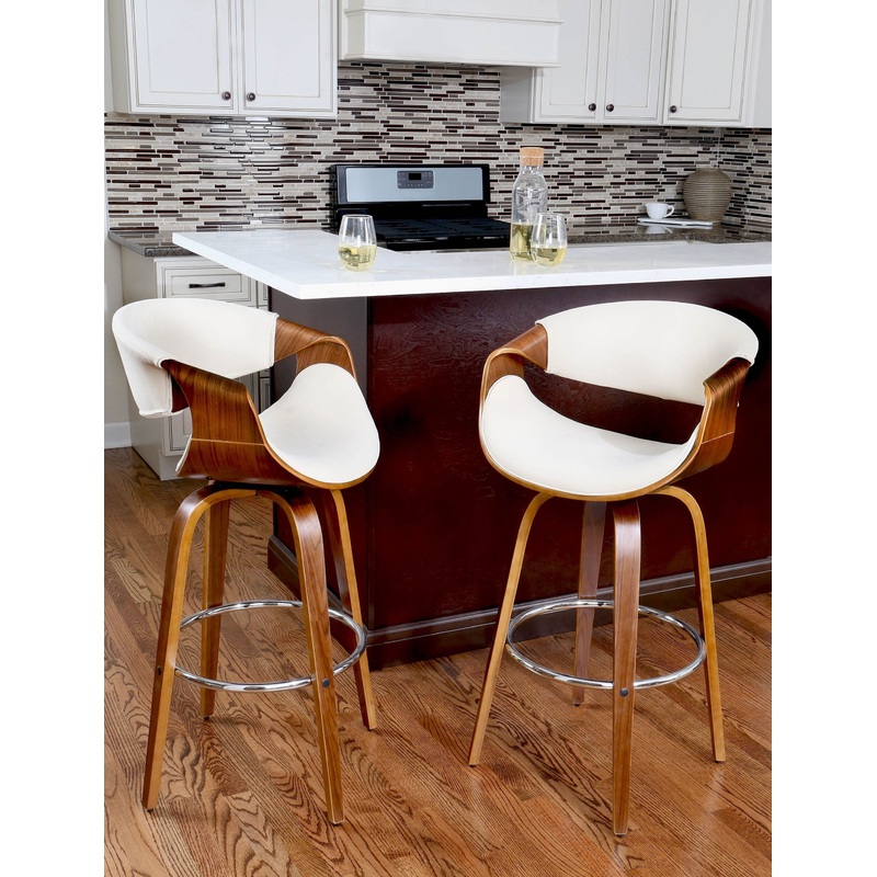 Curvini 24'' Counter Stool - Set of 2- Grey/Cream by Lumisource B24-CRVNIR with Cream and Light Grey Fabric and 360 degree swivel and fixed counter height and Curved Bent Wood Armrest