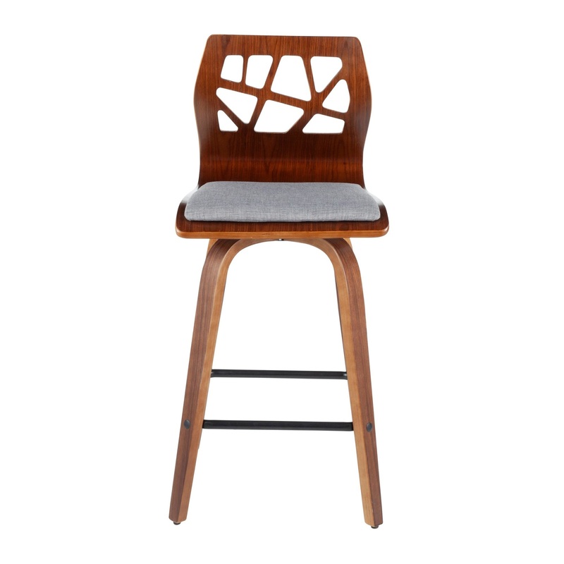 LumiSource Folia Counter Stool - Set of 2 in the Walnut Wood, Black PU, Black Metal Color with Fixed Counter Height 36 inch  Padded Upholstered Seat with wood construction