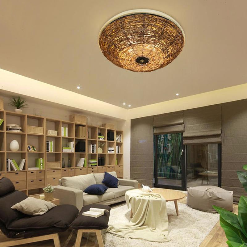 Wood Wicker Rattan Round Shade Ceiling Light By Artisan Living