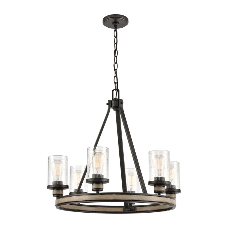 Beaufort 6-Light Chandelier in Anvil Iron and Distressed Antique Graywood with Seedy Glass by ELK Lighting