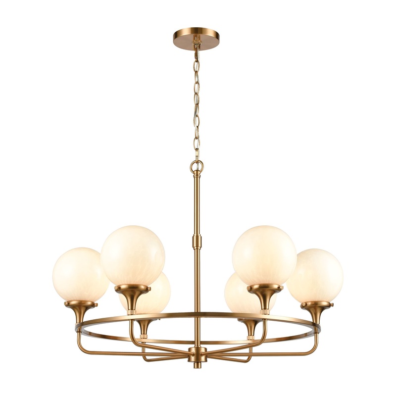 Beverly Hills 6-Light Chandelier in Satin Brass with White Feathered Glass by ELK Lighting